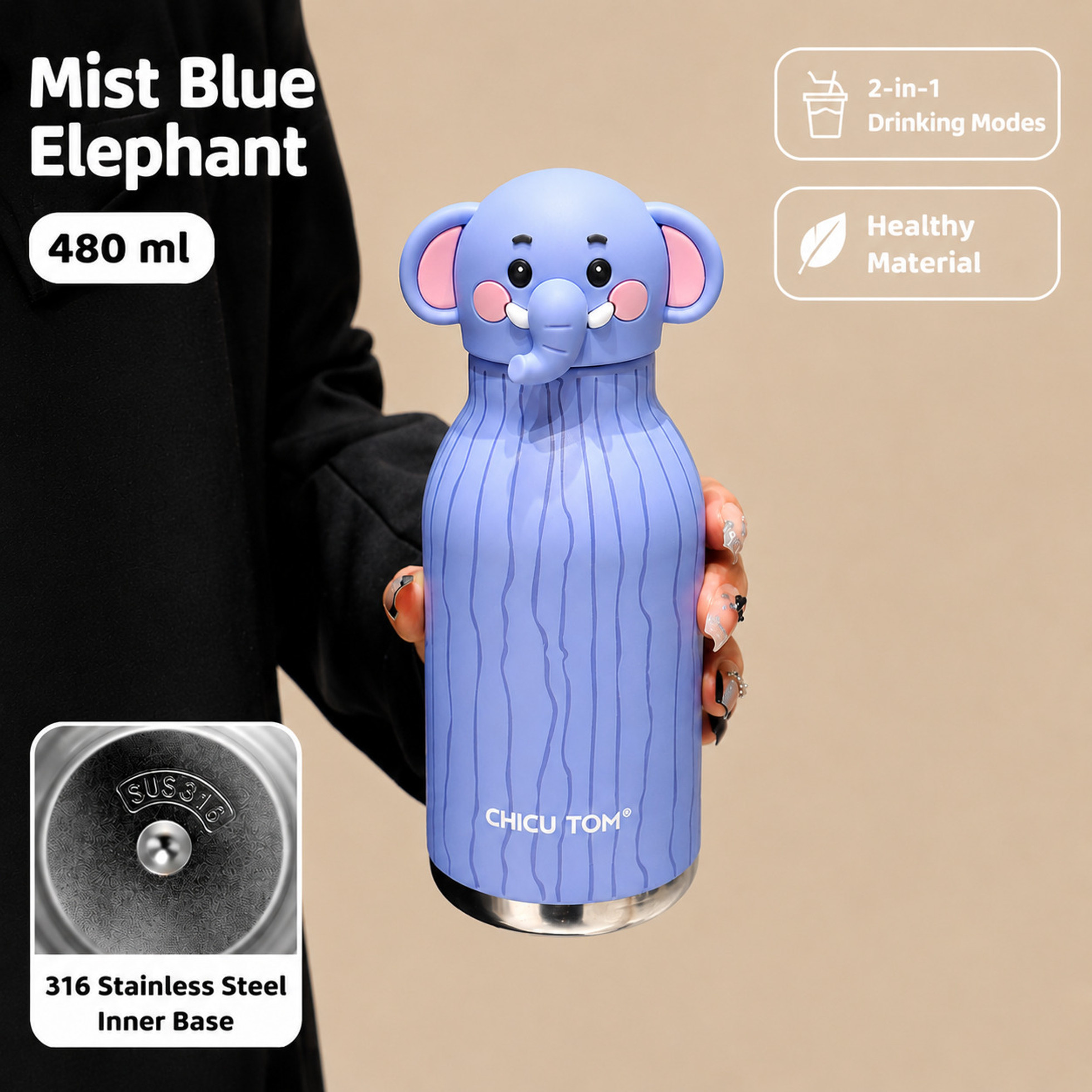 480ml Animal Sipper Water Bottle Flask ll Stainless Steel Flask ll
