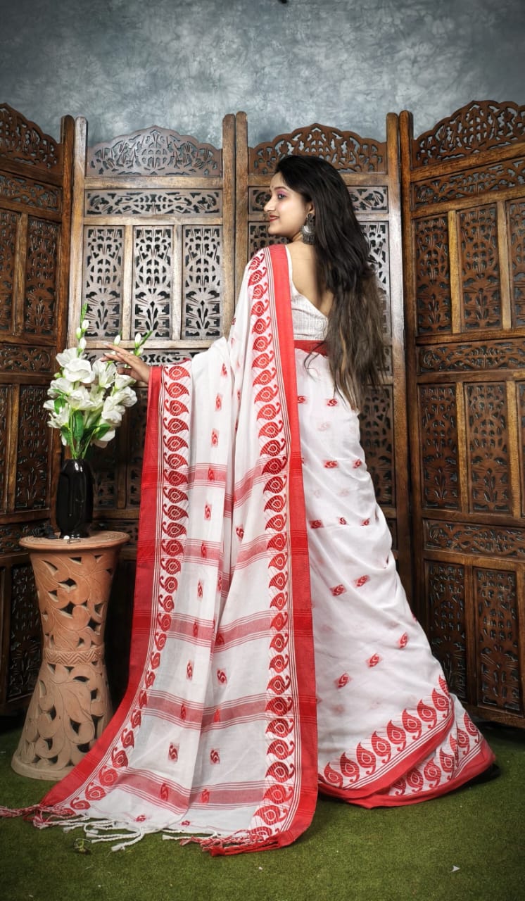 Handloom Red White Khadi Cotton Saree