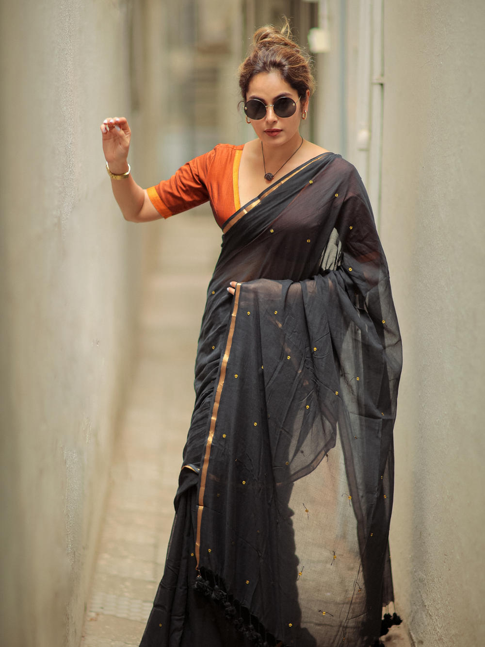 Midnight Grace Black Mull Cotton Buti Saree