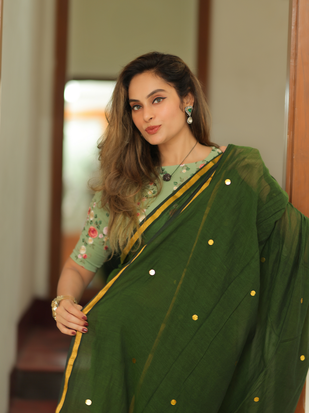 Emerald Grace Mull Cotton Buti Saree
