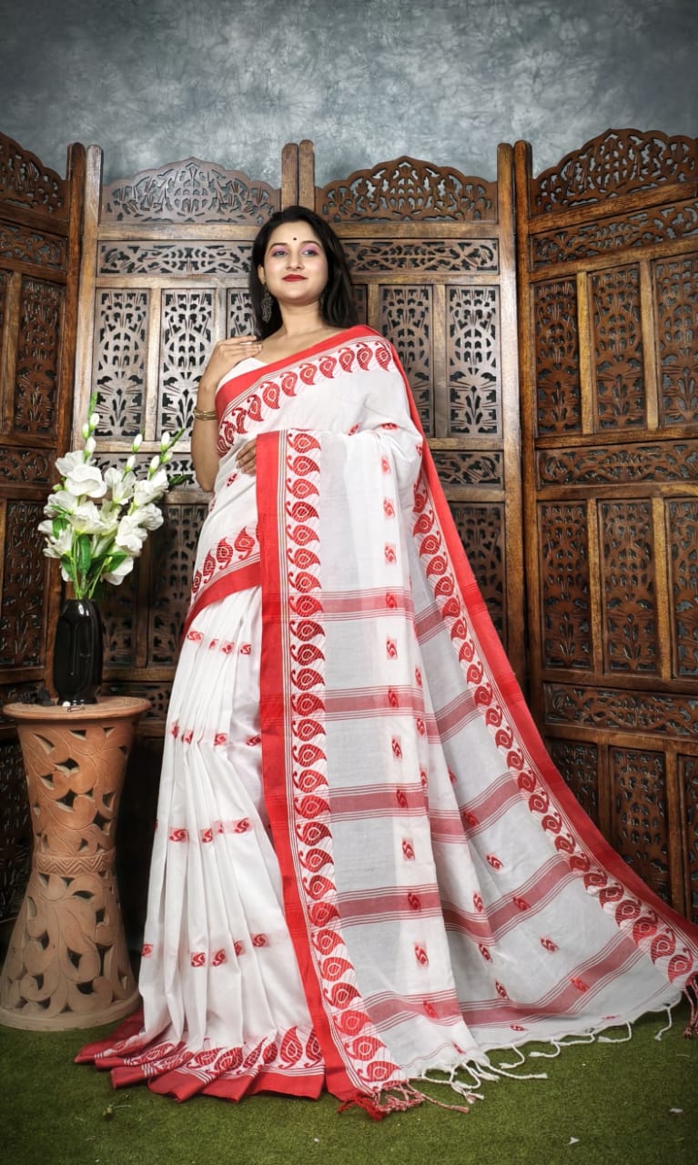 Handloom Red White Khadi Cotton Saree