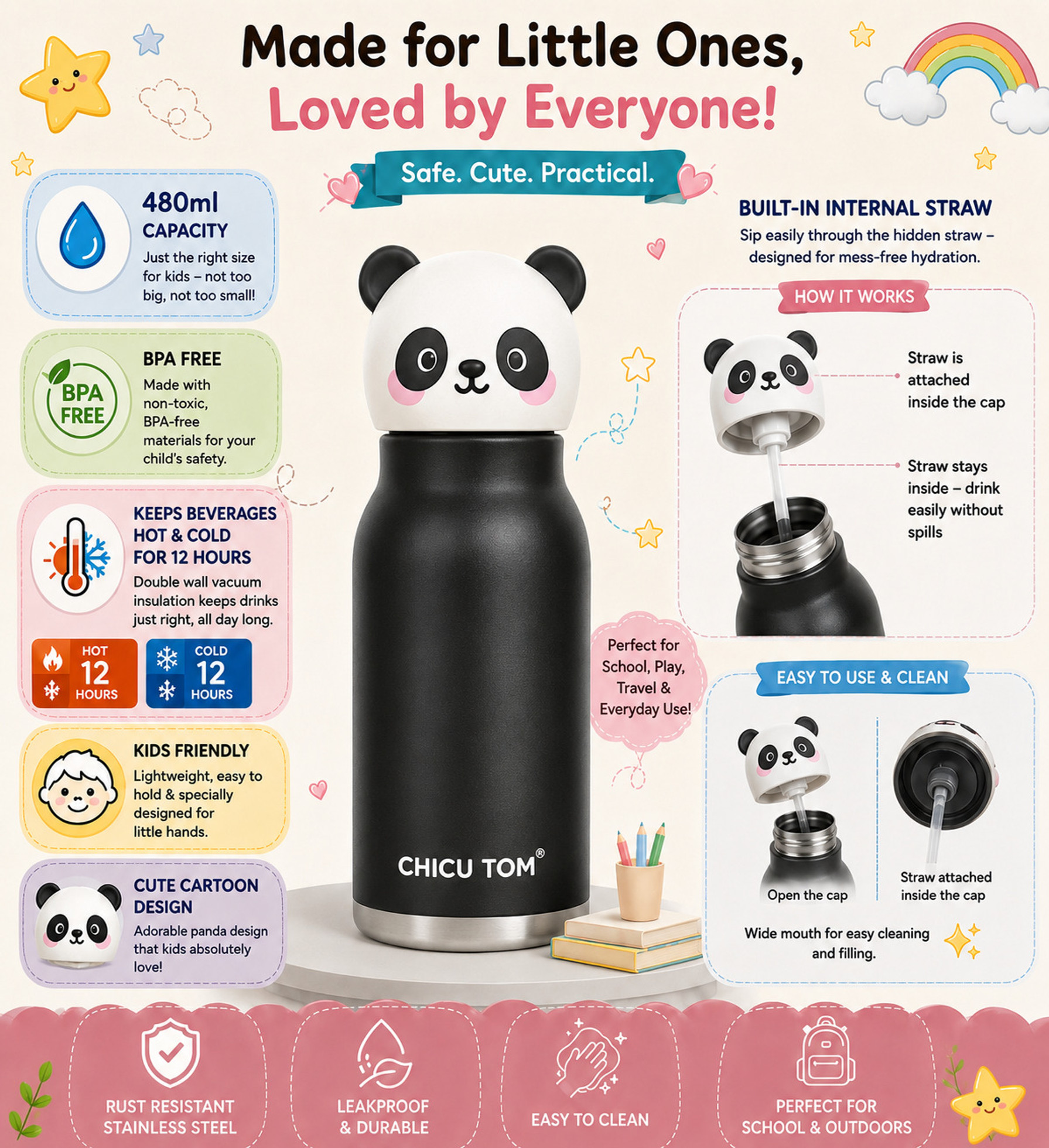 480ml Animal Sipper Water Bottle Flask ll Stainless Steel Flask ll