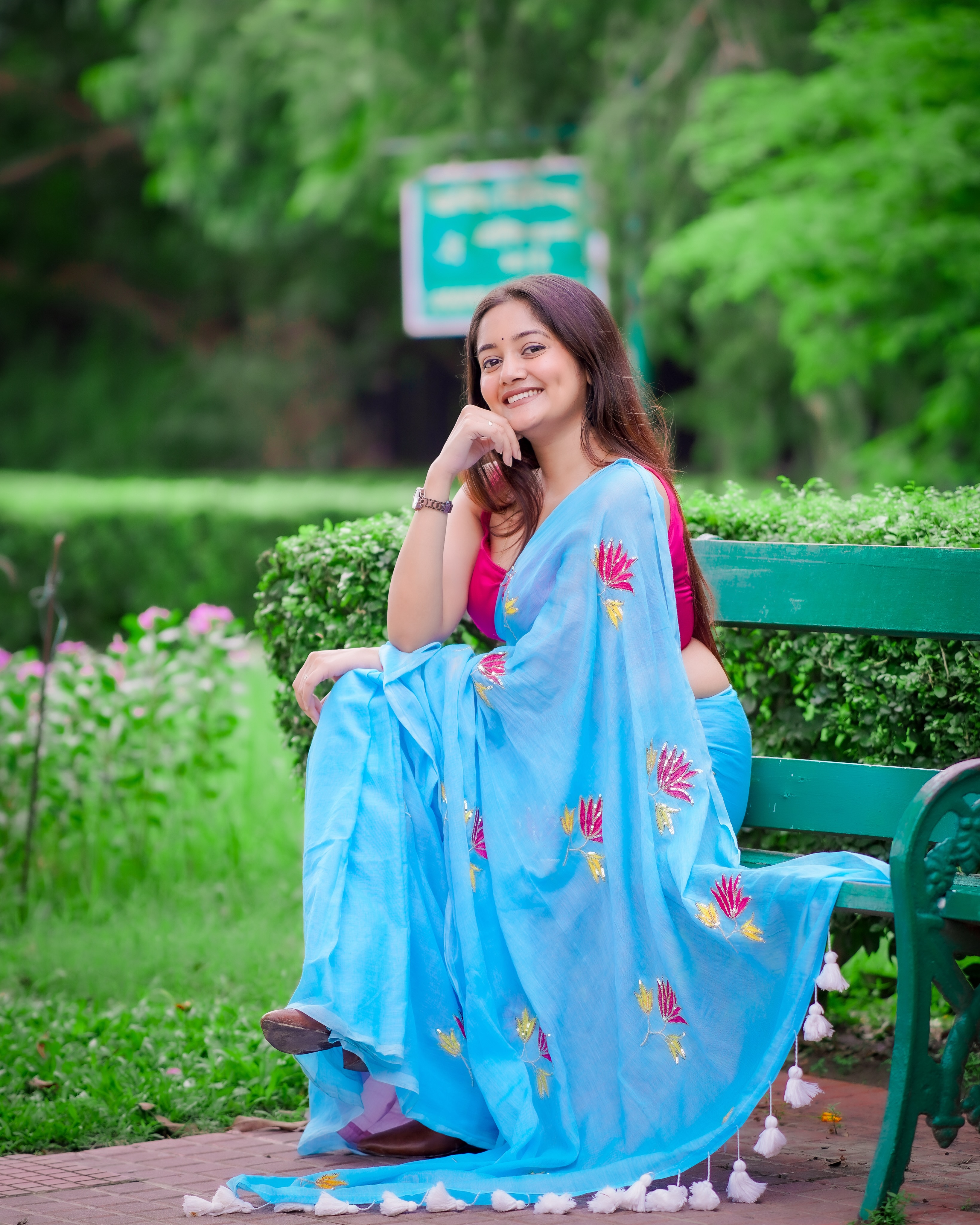 Purple Bloom Mull Cotton Floral Sequence Saree