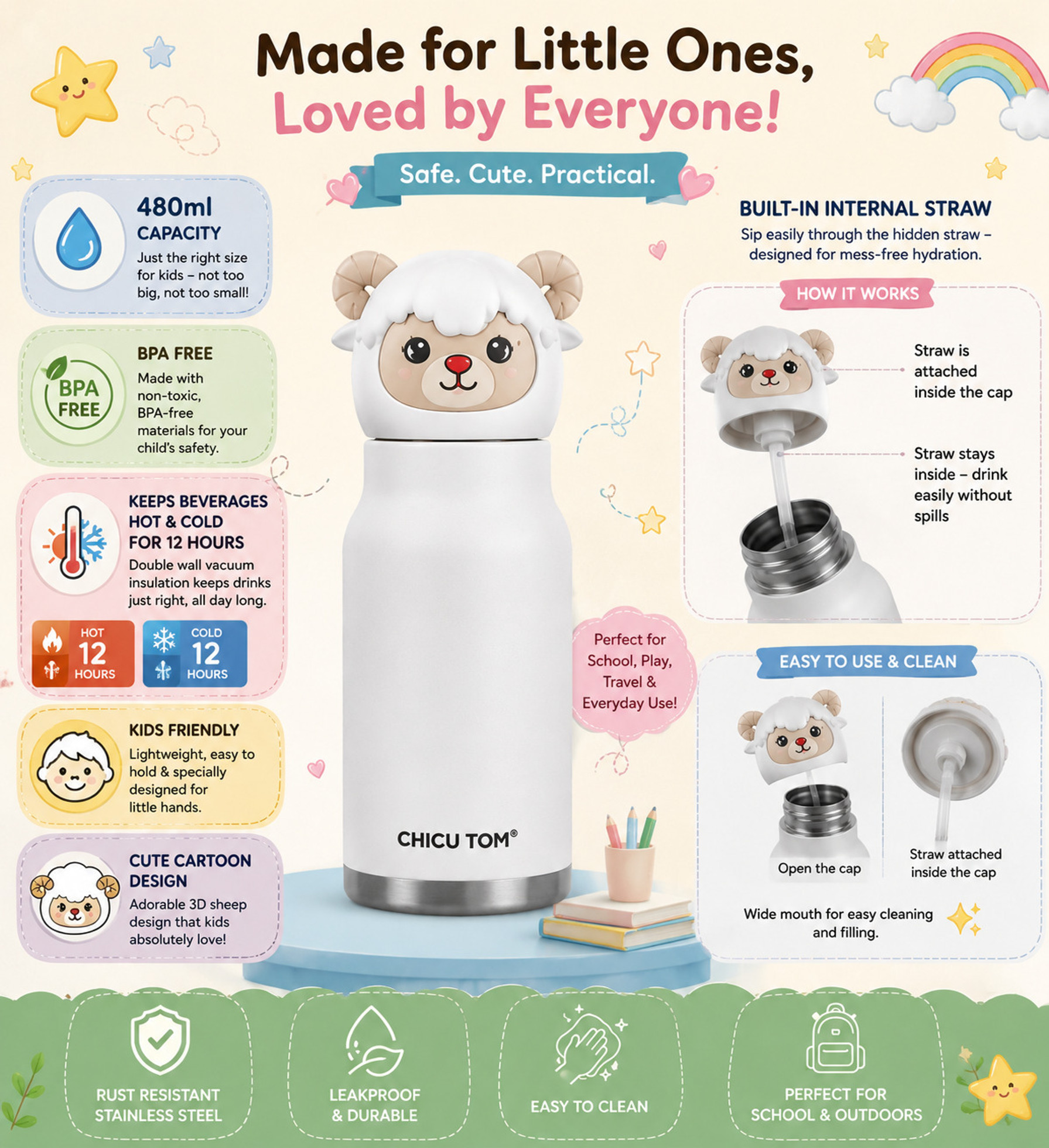 480ml Animal Sipper Water Bottle Flask ll Stainless Steel Flask ll
