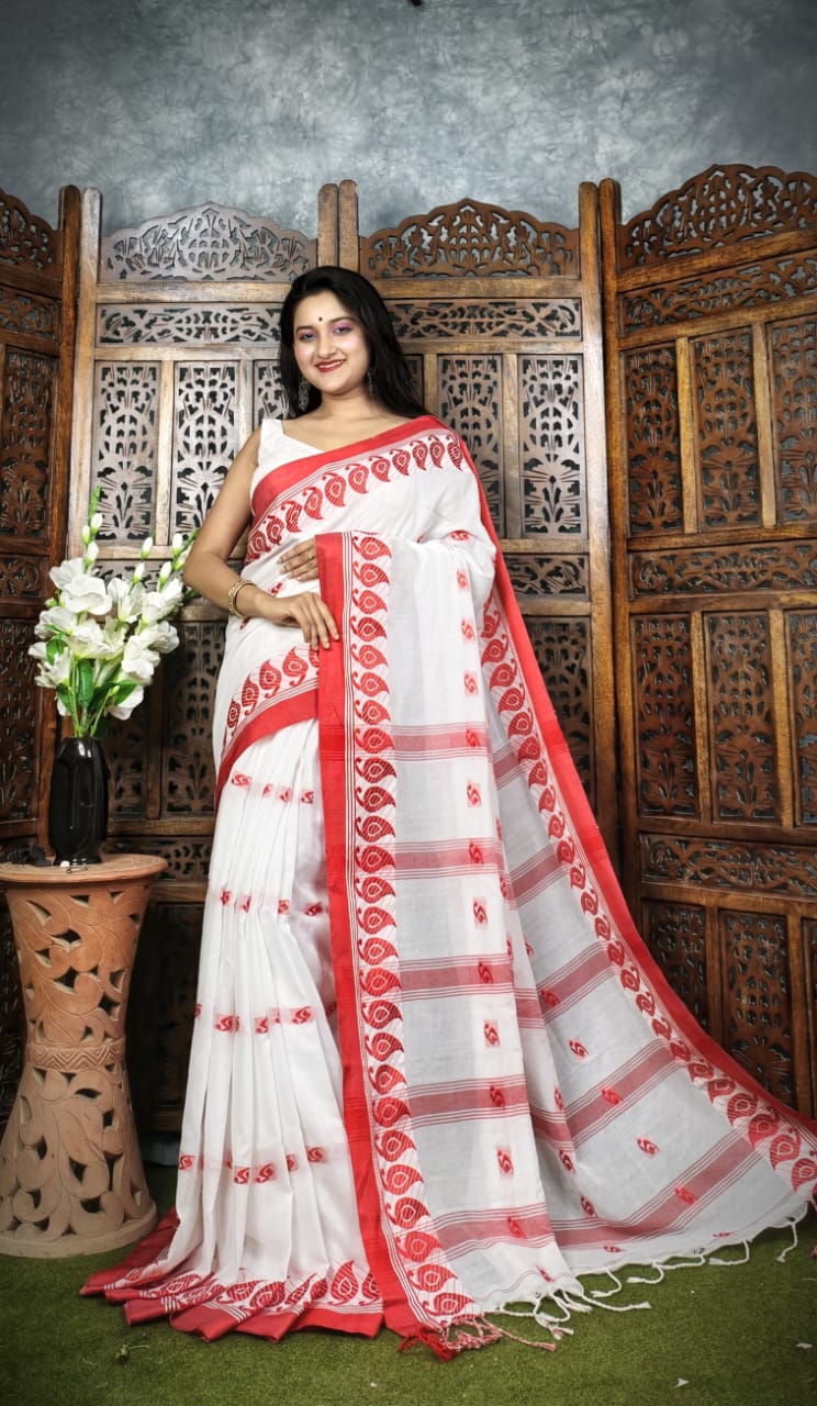 Handloom Red White Khadi Cotton Saree