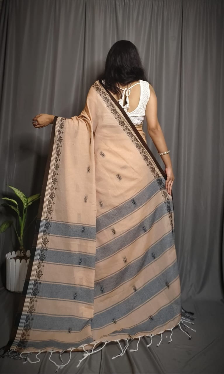 Handloom Khaki Khadi Cotton Saree