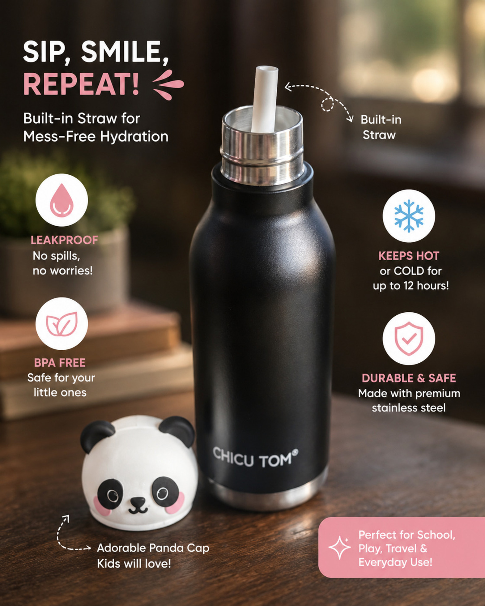 480ml Animal Sipper Water Bottle Flask ll Stainless Steel Flask ll