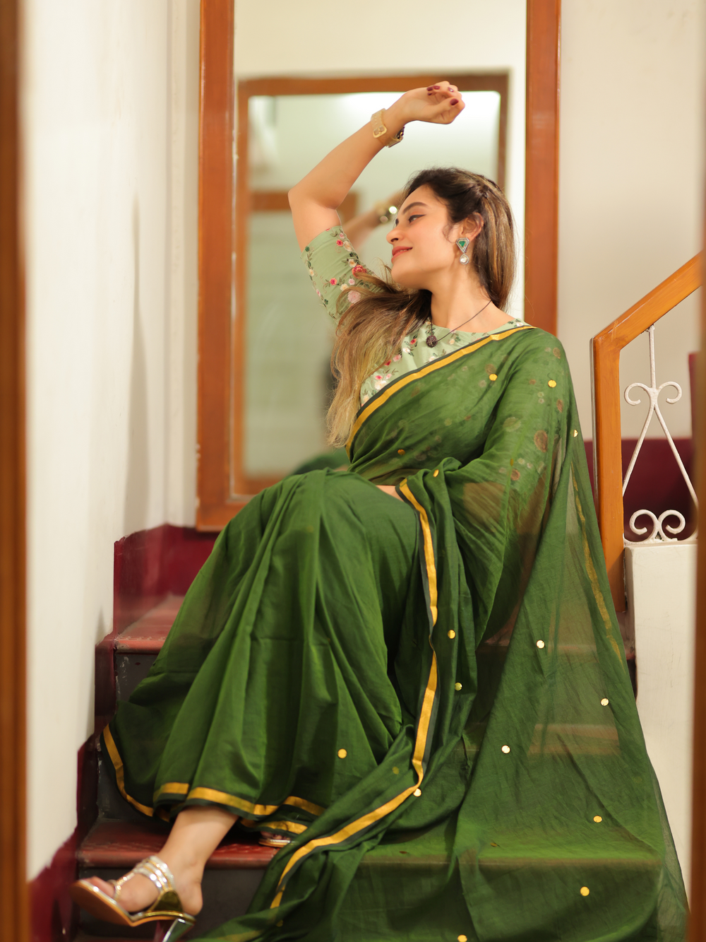 Emerald Grace Mull Cotton Buti Saree