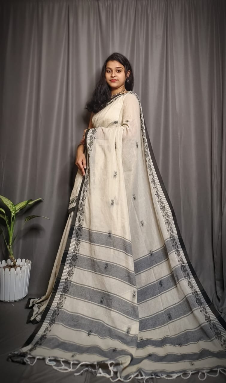 Handloom Beige Khadi Cotton Saree