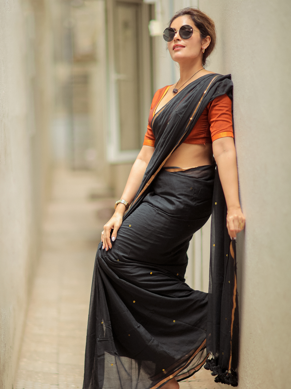 Midnight Grace Black Mull Cotton Buti Saree