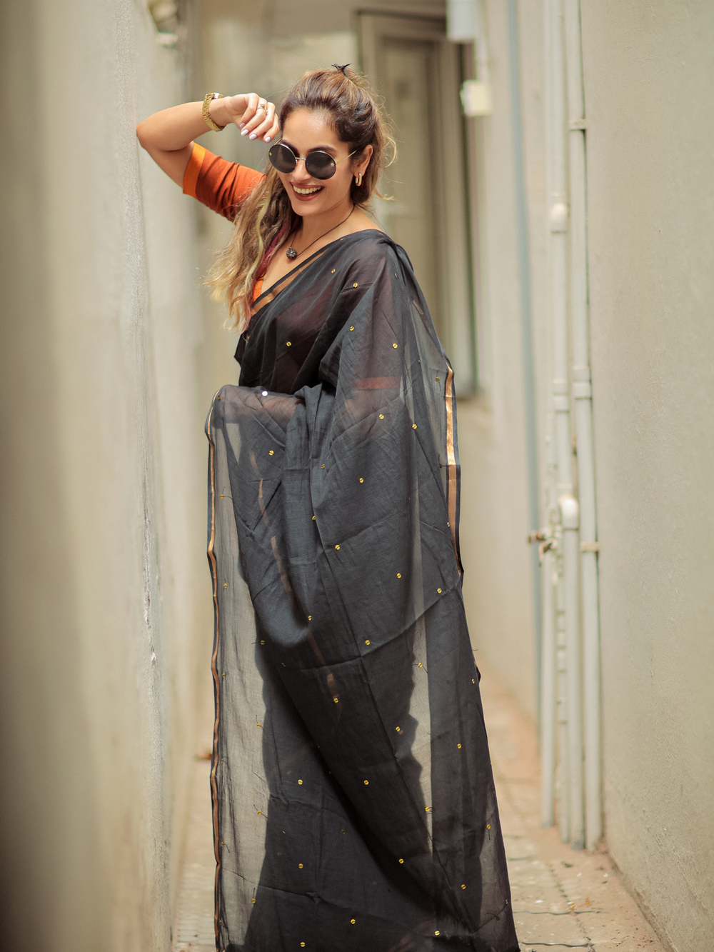 Midnight Grace Black Mull Cotton Buti Saree