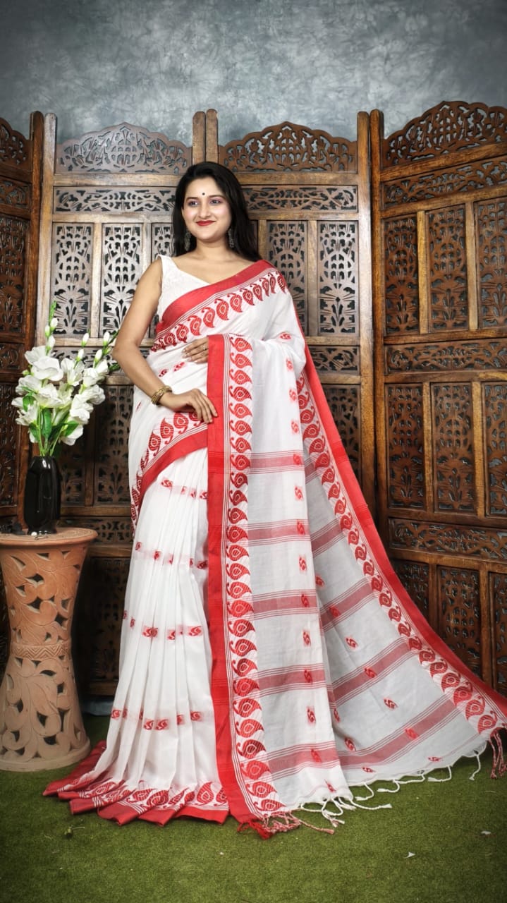 Handloom Red White Khadi Cotton Saree