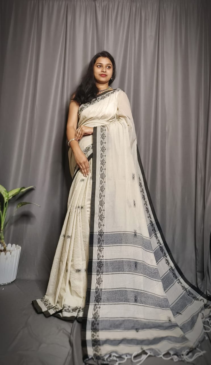 Handloom Beige Khadi Cotton Saree