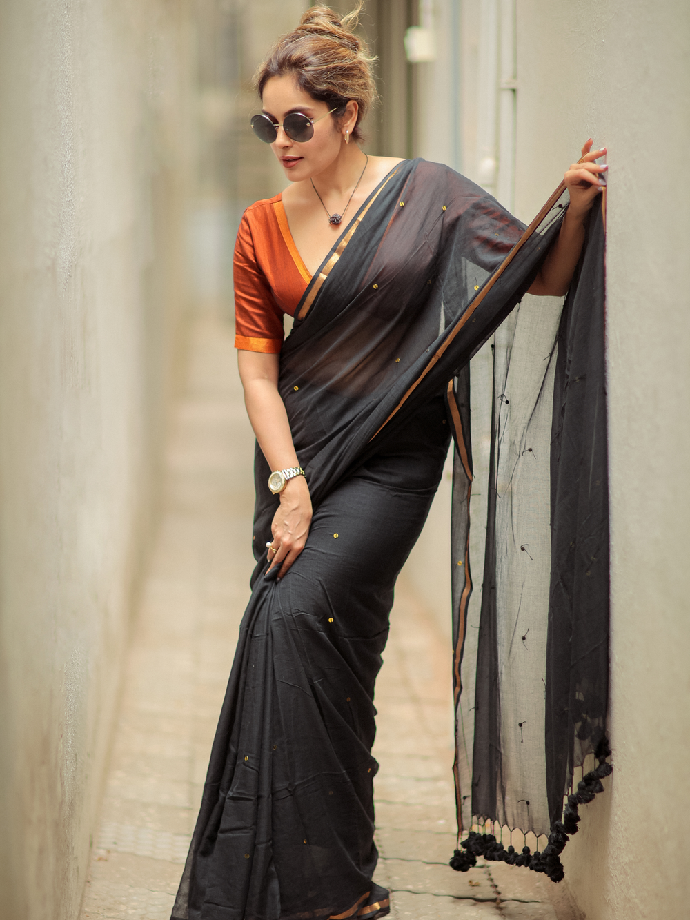 Midnight Grace Black Mull Cotton Buti Saree